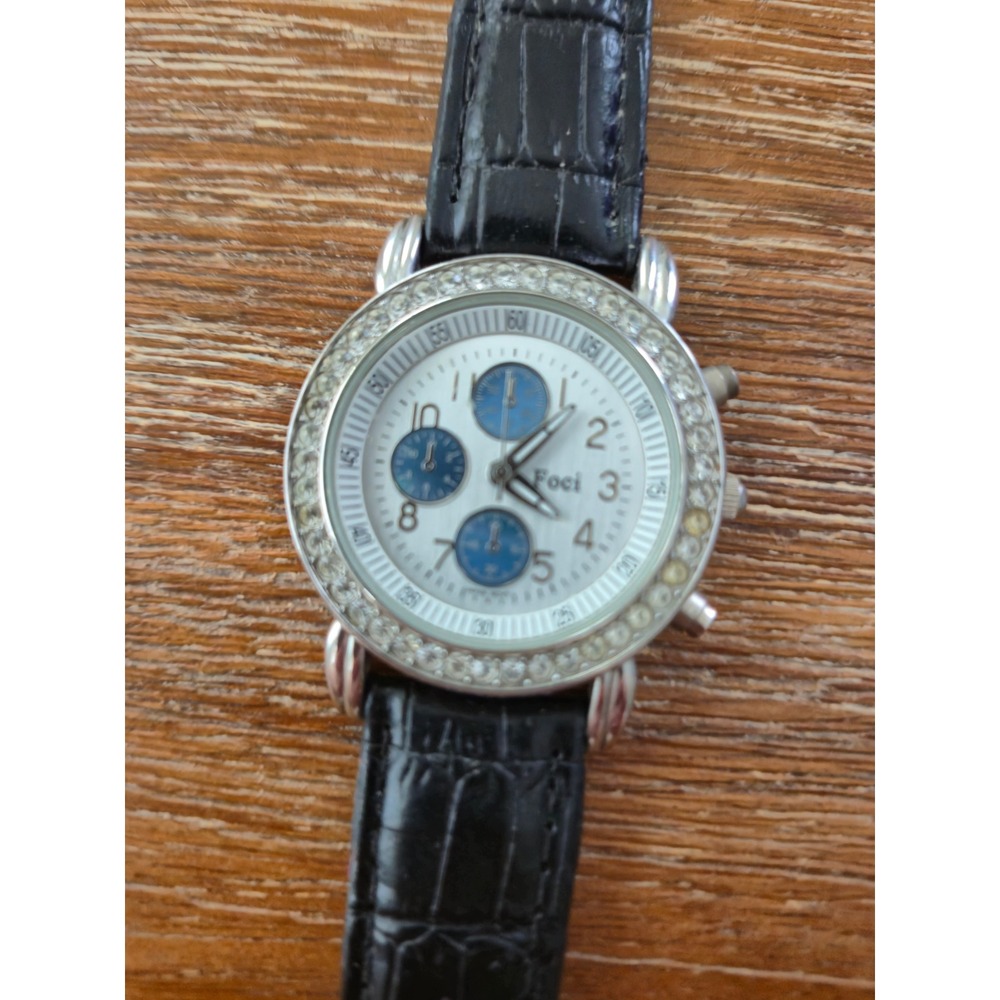 Foci Wristwatch Women Black Silver Rhinestone Bezel Chronograph Style Bling Y2K